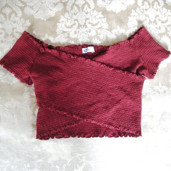 Hollister Burgundy Smocked Wrap Off Shoulder Crop Top L - Picture 1 of 7